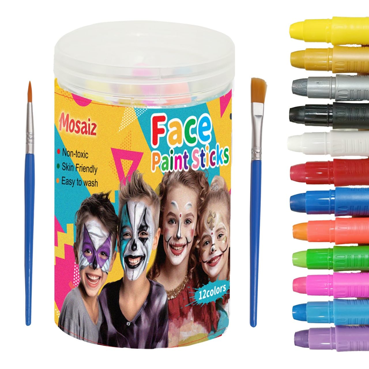 Mosaiz 18-Color Water-Based Face Painting Kit for Kids & Adults – Twistable, Washable Paint Sticks for Festivals, Birthdays, Halloween, Cosplay, and More