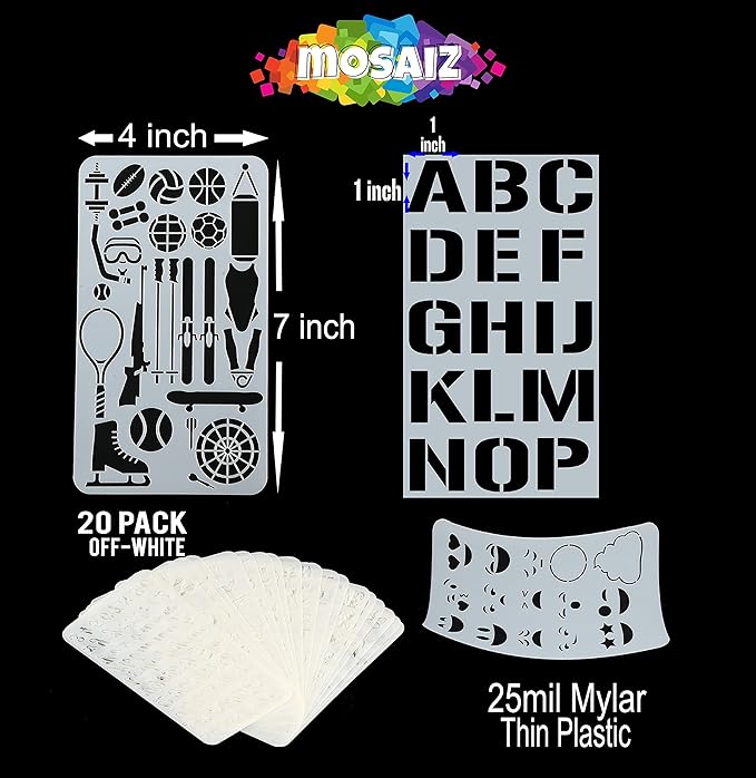 20 Pcs Drawing Stencils with Letters, Numbers, Themes.